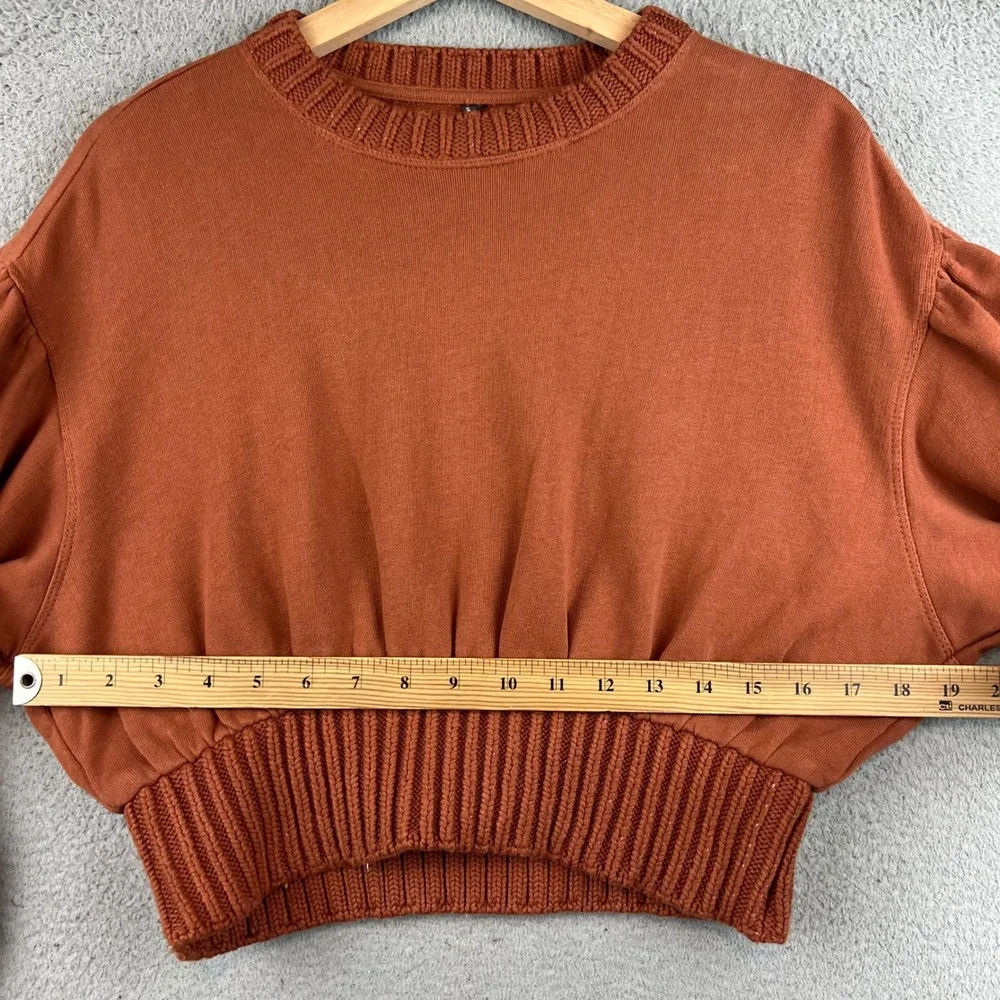 Anthropologie Womens XS Terracotta Orange Puff Sleeve Cropped Sweatshirt Cotton